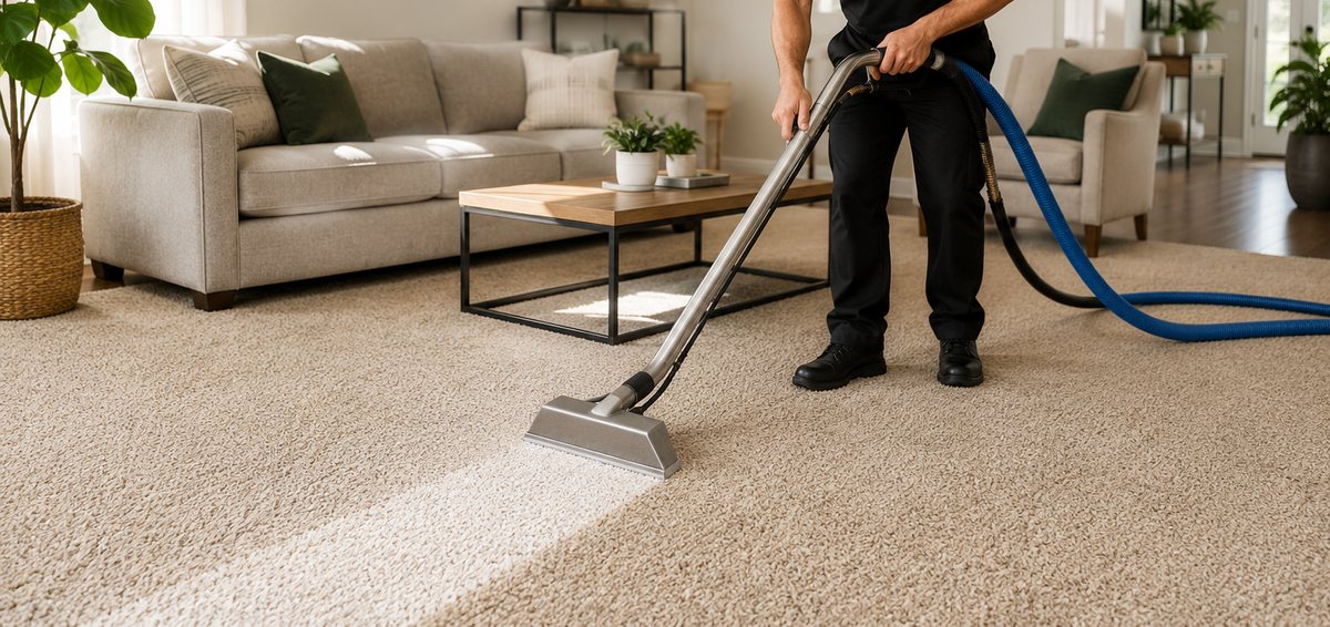 Truck-mounted hot water extraction leaving a clean stripe across living-room carpet