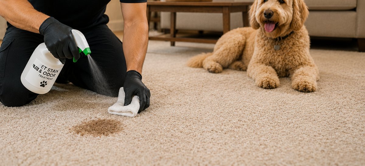 Pet stain and odour treatment being applied to a spot on beige carpet, dog waiting nearby