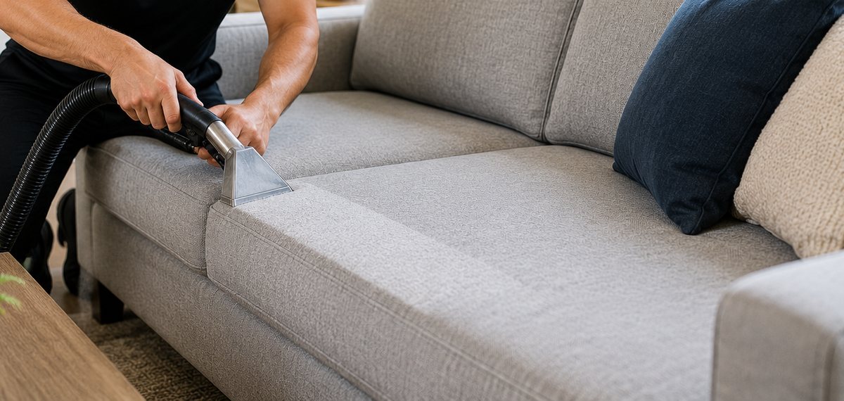 Upholstery tool cleaning the arm and seat of a fabric sofa